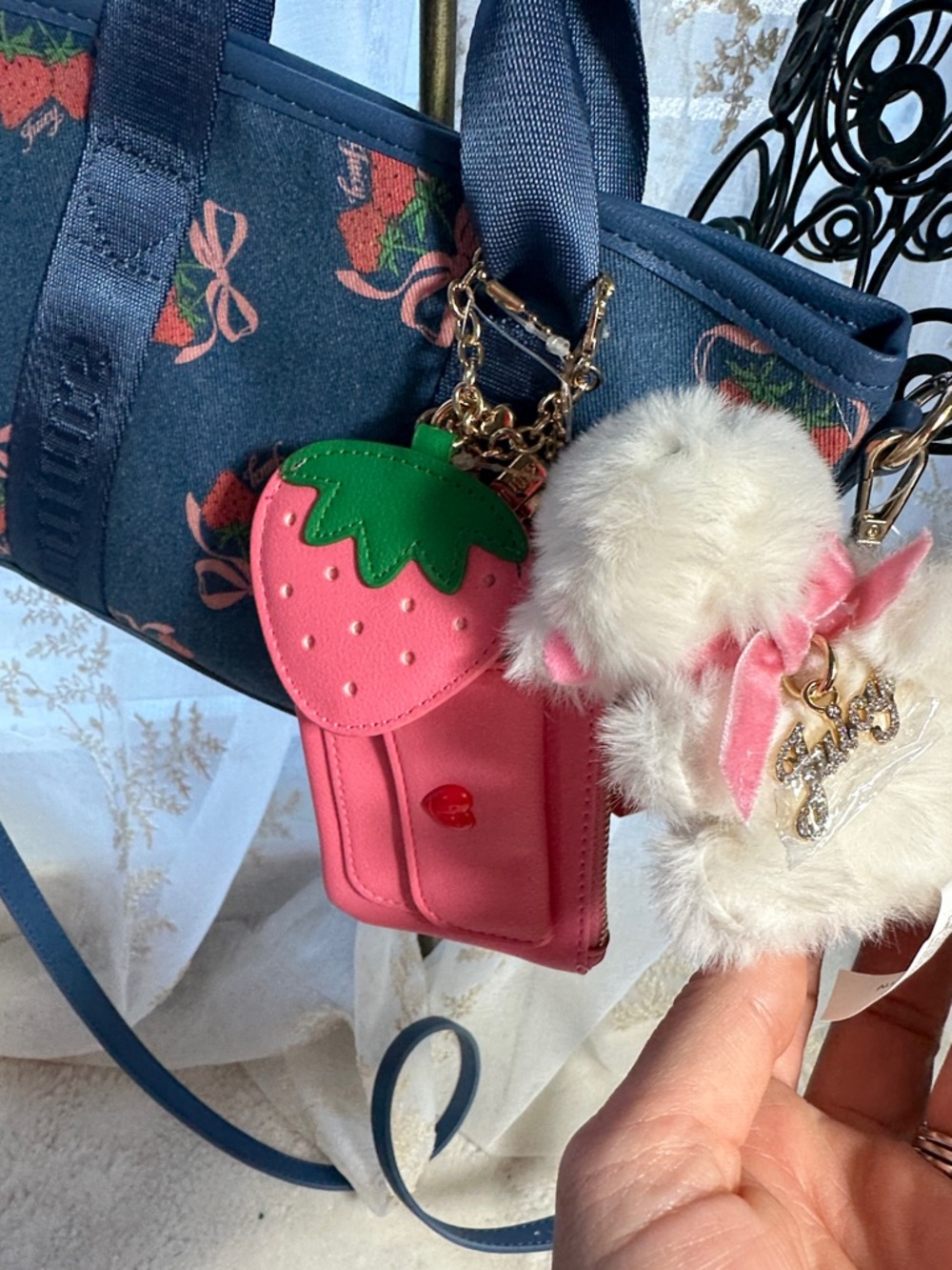 Juicy couture denim mini tote bag with strawberry print and crossbody strap